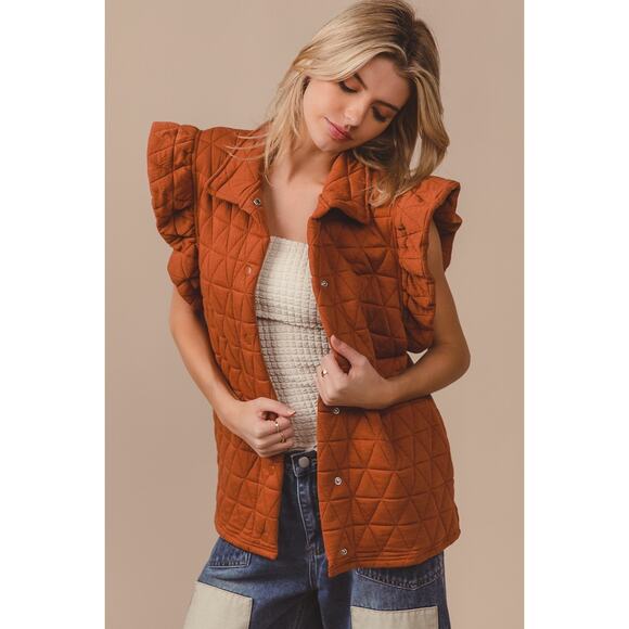 BiBi Diamond Print Ruffle Sleeves Pocket Oversized Quilted Vest Jacket | Rust - Picture 4 of 7
